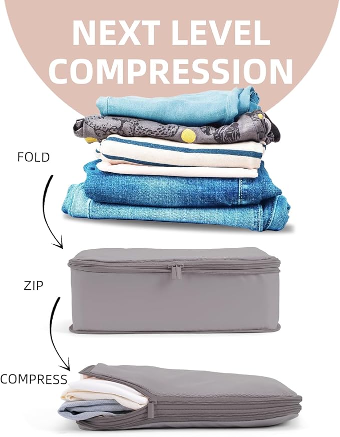 6 Set Compression Packing Cubes for Travel, Large Medium Small Luggage Organizers, Storage Bags for Clothes (6 Pack, Misty Silver)