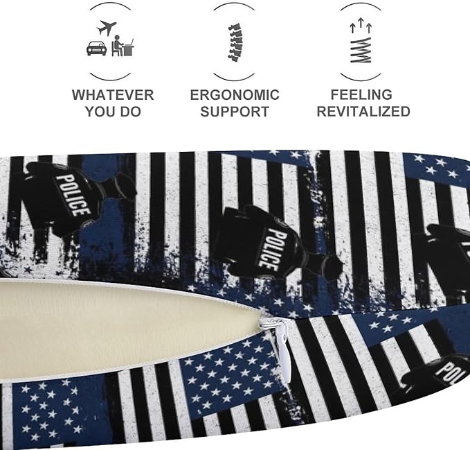 Travel Neck Pillow Memory Foam Chin Cushion America Thin Blue Line Flag Police, Washable Cover for Men Women Youth Airplane Car Pain Relief