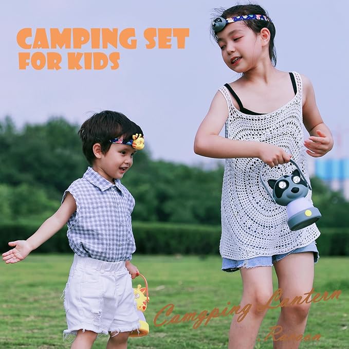 Outdoor Equipment LED Camping Lantern & Headlamp Set for Kids, FANT.LUX Battery Powered Night Light for Emergency, Hurricane, Lightweight Tent Lamp - Owl (Raccoon Set)