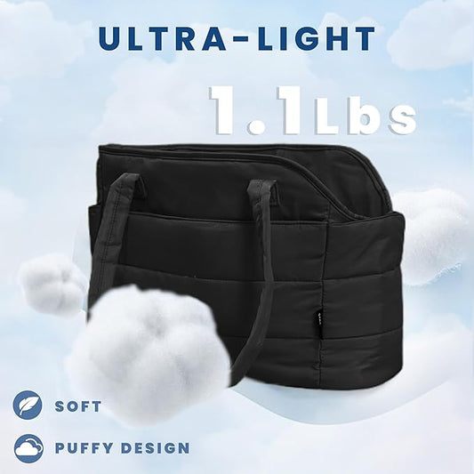 STRAODTIC Lightweight Dog Purse Carrier for Small Dogs Under 15 lbs, Puffy Quilted Pet Carrier Tote for Puppies with Safety Leash Clip, Women's Hands-Free Dog Carrier Bag for Travel/Shopping (Black)