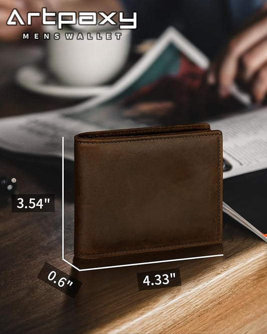 Artpaxy Mens Wallet Genuine Leather Bifold RFID Blocking Wallet for Men with 1 ID Window 13 Card Holders 2 cash pockets 1 Gift Box
