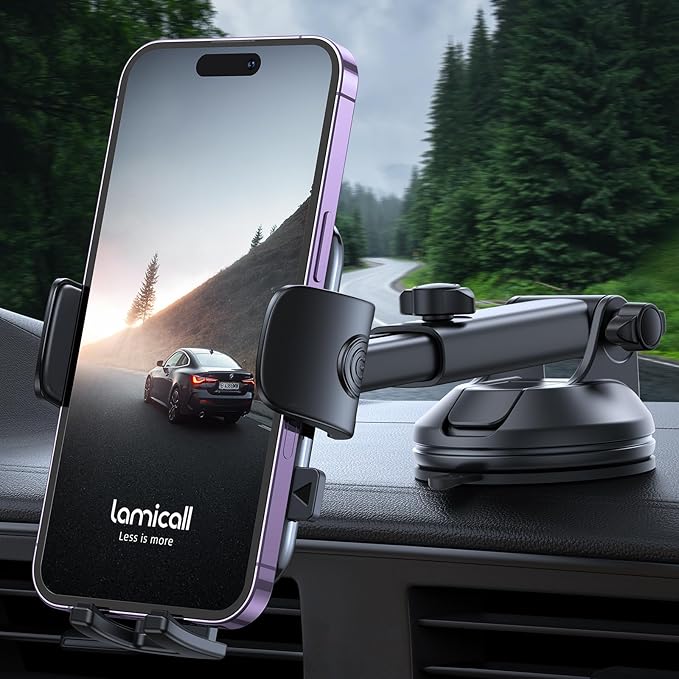 Lamicall Car Phone Mount - [Strongest Military-Grade Suction Cup] 360° Rotation Phone Holders for Your Car Quick Release Adjustable Phone Mount for Car Dashboard for iPhone 17 16 Pro Max Dark Grey