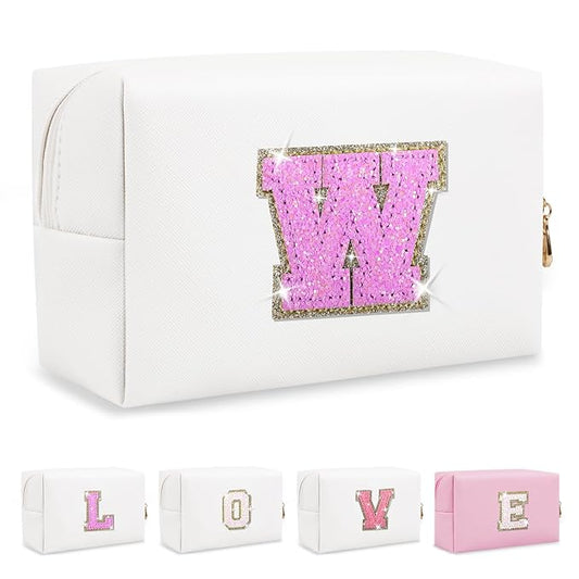 Small Initial Patch Makeup Bag Personalized Gifts Make Up Bag,White Cute PU Leather Glitter Letter Cosmetic Bag with Zipper,Trendy Portable Travel Toiletry Pouch,Preppy Stuff for Teen Girls Women W