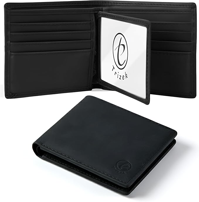 Trizek Leather Wallet for Men, Genuine Leather RFID Blocking Bifold Wallet, Minimalist Slim Design, Stylish and Secure Credit Card Holder (Black)