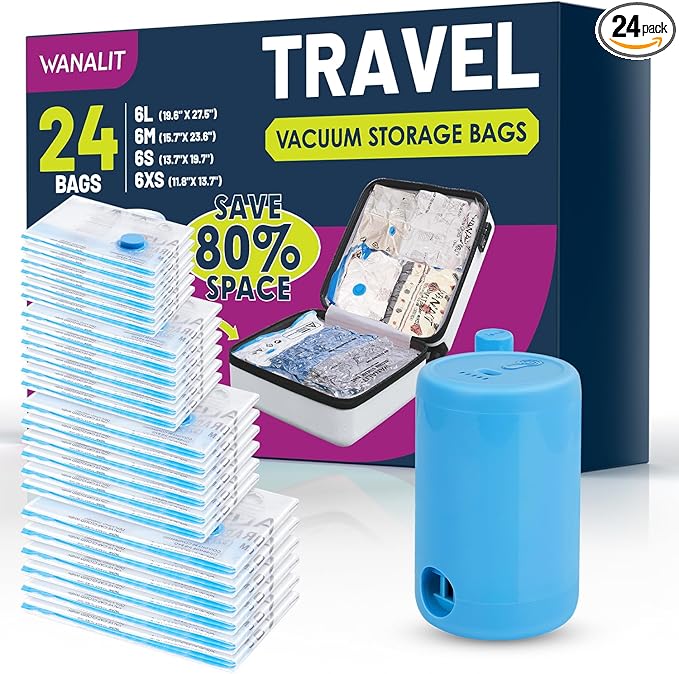 Vacuum Storage Bags for Travel, 24 Pack (6L+6M+6S+6XS) Vacuum Seal Bags with Wireless Rechargeable Electric Pump, Travel Essentials Space Saving Bag for Clothes, Luggage, Carry-on Suitcase, Backpack