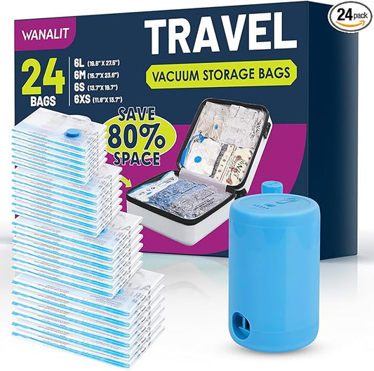 Vacuum Storage Bags for Travel, 24 Pack (6L+6M+6S+6XS) Vacuum Seal Bags with Wireless Rechargeable Electric Pump, Travel Essentials Space Saving Bag for Clothes, Luggage, Carry-on Suitcase, Backpack
