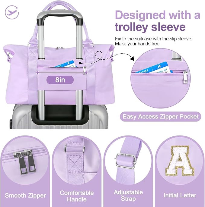 Dance Gym Duffel Bag for Teen Girls, Personalized Initial Travel Weekender Bag,Cute Overnight Carry On Duffle for Women,Sports Travel Cheer Bag,Monogram Christmas Gifts for Tween Preppy(purple-A)