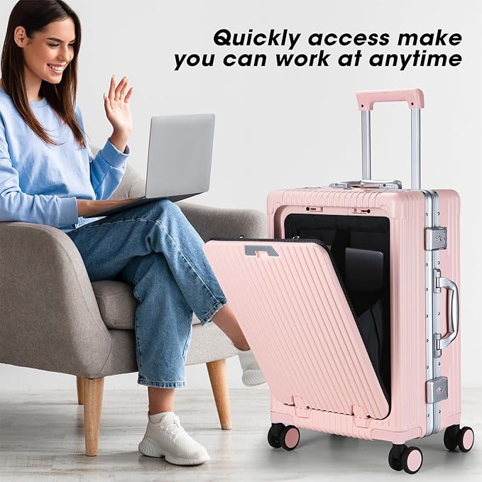 MRPLUM Front Pocket Carry On Luggage,PC Hardside Spinner Wheel Suitcase with TSA Lock,Cup Holder,Phone Holder&USB Charging Port,Pink(1 Piece)