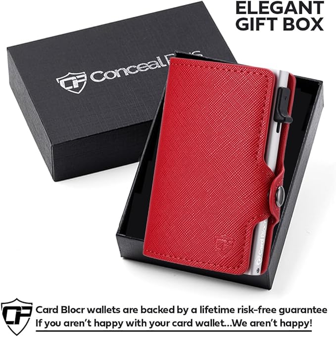 Womens Slim Wallet for Small Purses, Pop Up Wallet with Anti Theft RFID Blocking Credit Card Holder for Women in Red PU Saffiano