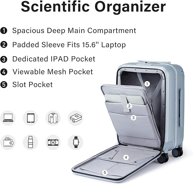 MILADA Wide Handle Carry On Luggage with Front Pocket Hardshell 20 Inch Front Opening Luggage with Spinner Wheels TSA Lock Aluminium Suitcase Airline Approved Carry-On Travel Luggage, Grey