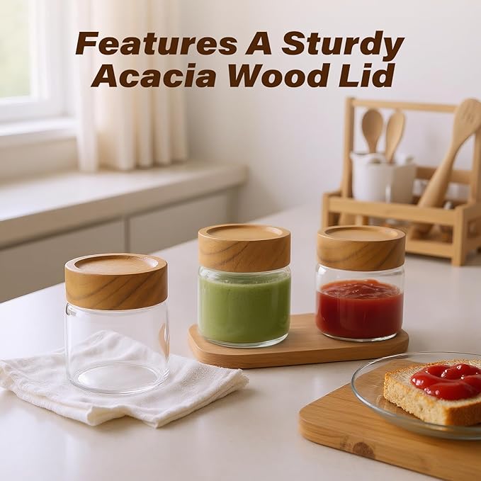 Zoaiirte 6-Pack 6 oz Airtight Food Sealed Jars with Acacia Wood Lids - Glass Meal Prep Containers for Overnight Oats, Snack Storage, Chia Pudding, Pantry Organization Essentials
