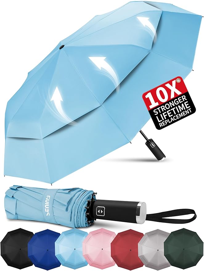 Seniny Travel Umbrella with Carabiner Handle, Windproof Large Umbrellas for Rain with Dual-Rib Structure, Portable Compact Umbrella with Reflective Strip, Car Backpack UV Umbrellas for Sun Protection