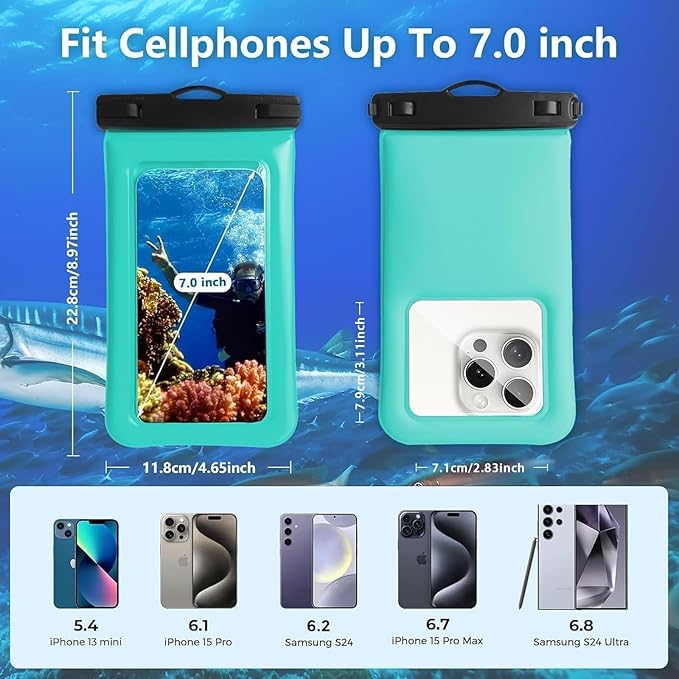 Floatable Soap Bubble Waterproof Phone Pouch/Case with Crossbody Lanyard for iPhone 17 Series 16 Pro Max/15 Pro/14/13/12, IP68 Cellphone Dry Bag Beach Cruise Ship Essentials, 1 Pack-Green-7″