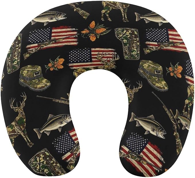 Memory Foam Travel Pillow Fall Hunting Deer Bass Fishing Lure Camo Camouflage American Flag Black, Breathable Chin Head Support, Washable Zip Cover for Airplane Car Office Pain Relief