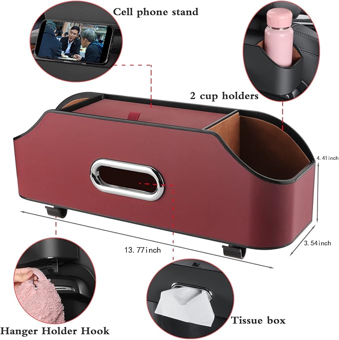 HOLDCY Car Back Seat Organizer with 2 Drink Cup Holder - Tissue Box and Storage Box Hook - Multi-functional Storage - Great for Kids and Travel (Red)