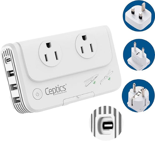 Ceptics European Travel Voltage Converter, 200W Adapter for Curling Iron, Straightener, Charger, Step Down World Power Plug - 4 USB PD 18W Fast Charging - SWadApt Compatible - Type C, E/F, G Included