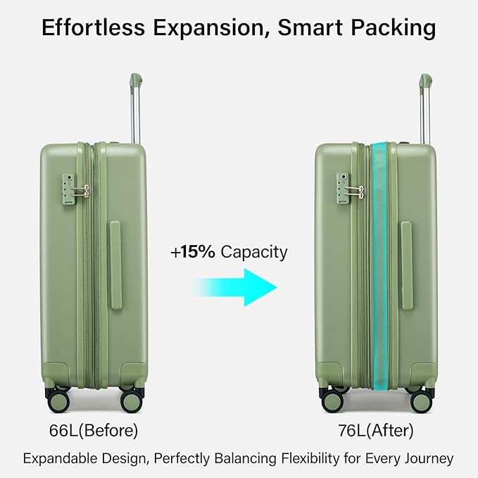Hanke Expandable 24 Inch Luggage with Spinner Wheels, Hardside Medium Checked luggage, All-PC Hard Shell Suitcase, TSA Lock, Lightweight Checked-Medium (Bamboo Green, 76L)