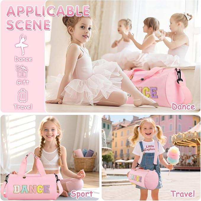 Personalized Dance Duffel Bags for Girls, Cute Colorful Chenille Letter Dance Ballet Workout Bag Gifts for Teen Girls, Waterproof Toddler Travel Weekender Duffel Bag with Adjustable Straps(Pink)