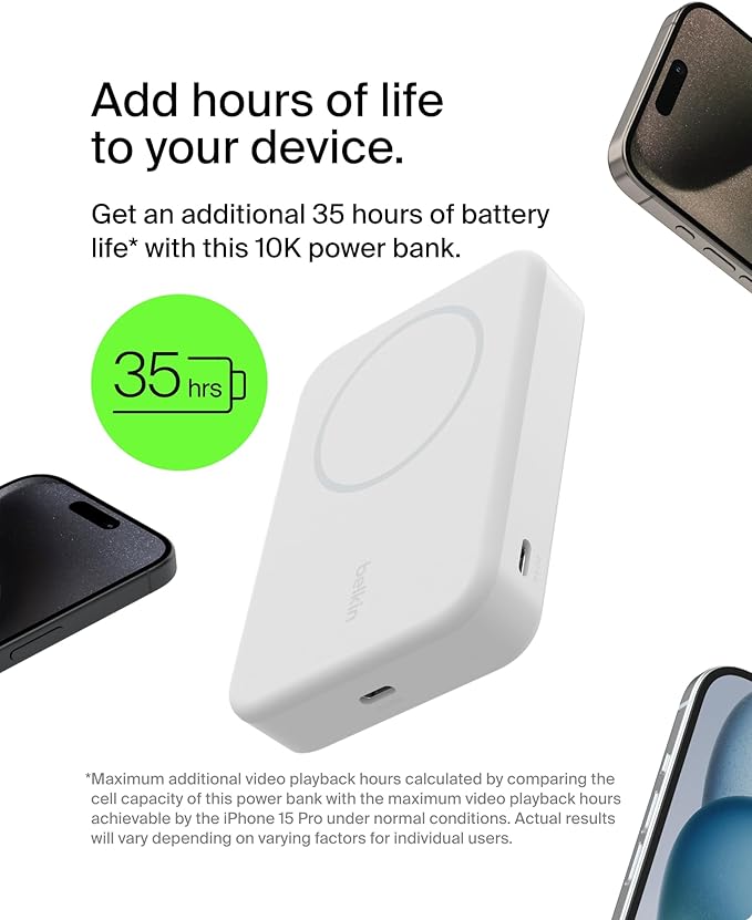 Belkin Portable Charger, Power Bank 10000 mAh w/ Qi2, iPhone Charger - MagSafe Charger w/Built-in Pop-up Kickstand for iPhone 17, Air, Pro, Pro Max, AirPods, Apple Watch, Google Pixel 10, etc - White