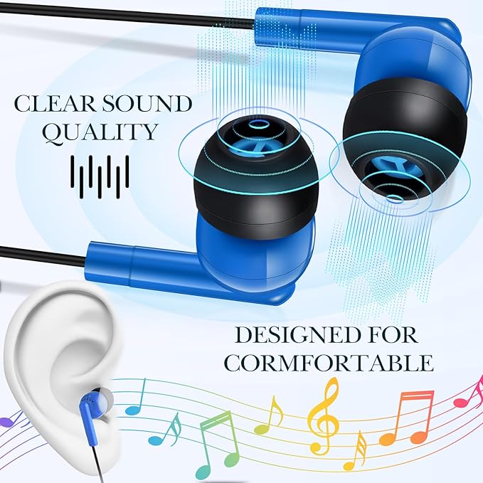 Kanayu 50 Pack Wired Earbuds Bulk for Classroom Ear Headphones Wired Basic Student Earbuds No Microphone with 3.5MM Jack for Class Laptop School Library, Individually Bagged (Dark Blue)