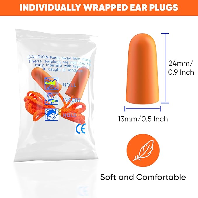 Foam Corded Ear Plugs 100 Pair - 32dB Noise Cancelling Shooting Hearing Protection for Noise Reduction Construction Work Safety Mowing Industrial - Disposable Ear Plugs with Cord Bulk