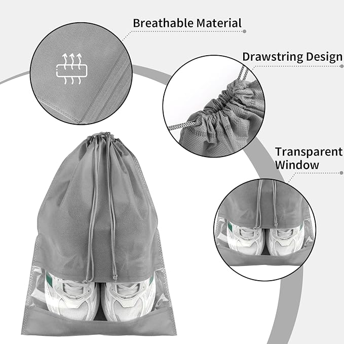 12 Pack Large Shoe Bags for Packing with Clear Window, Dustproof Drawstring Travel Shoe Storage Bags for Men & Women, Gray