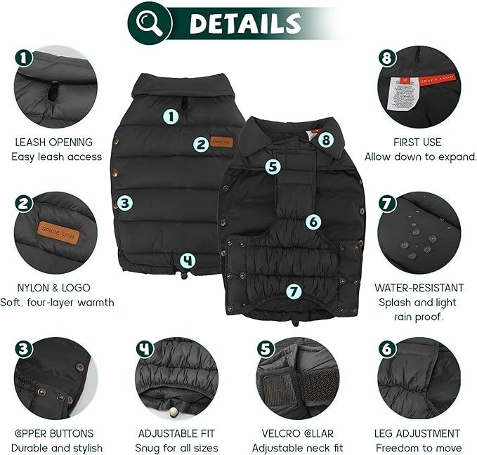 SPACE LION Dog Puffer Jacket, Down Winter Coat, Durable Outdoor Coat for Cold and Windy Conditions, Lightweight & Adjustable Fit Coats for Small Dogs, (Black, Size8/XS)