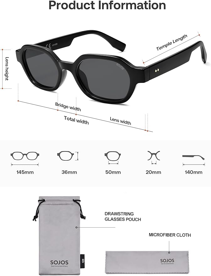 SOJOS Retro Polarized Hexagon Sunglasses for Women Men, UV400 Trendy Rectangle 70s 80s 90s Shades SJ2389