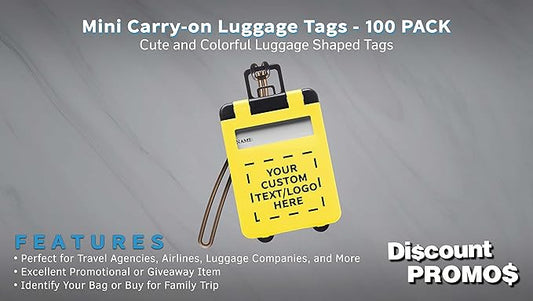 100 Mini Carry-on Luggage Tags Pack - Customizable Text, Logo - Flip Open Cover, ID Sticker - Yellow