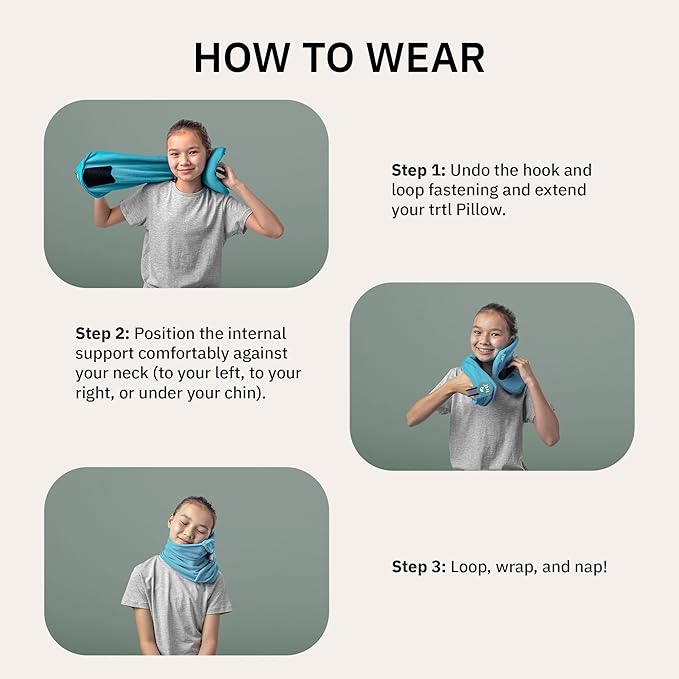 trtl Pillow Junior Kids Travel Pillow for Sleeping - with Built-in Head and Neck Support - Comfortable Kids Neck Pillow for Traveling - Compact and Machine-Washable - Aqua