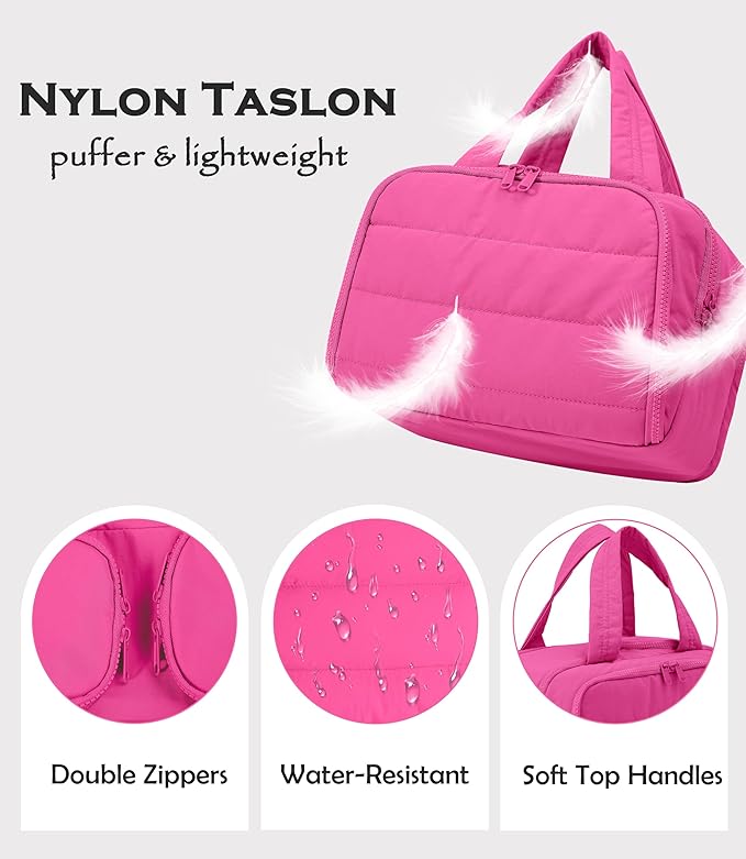 Travel Toiletry Bag for Women, Large Wide-open Puffy Cosmetic Makeup Bag with Wet-Dry Separation, Multi-Pocket Organizer with Carry Handle for Toiletries, Cosmetics, Essentials, Rose Red