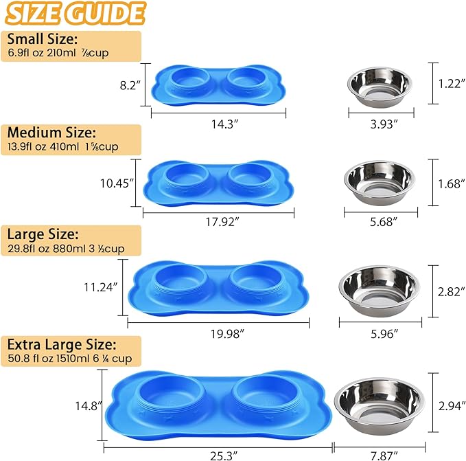 Hubulk Pet Dog Bowls 2 Stainless Steel Dog Bowl with No Spill Non-Skid Silicone Mat + Pet Food Scoop Water and Food Feeder Bowls for Feeding Small Medium Large Dogs Cats Puppies (Small, Blue)
