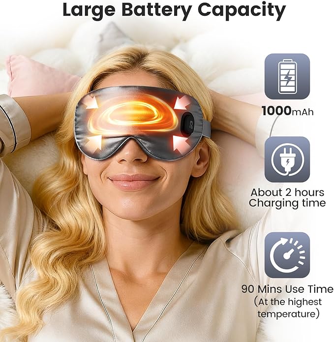 Cordless Heated Eye Mask for Dry Eyes, Blocking Light Warm Compress Rechargeable, 1000mAh Electric Eye Heating Pad for Sleeping, Washable Silk Heat Sleep Mask with 3 Temperature Settings, Grey