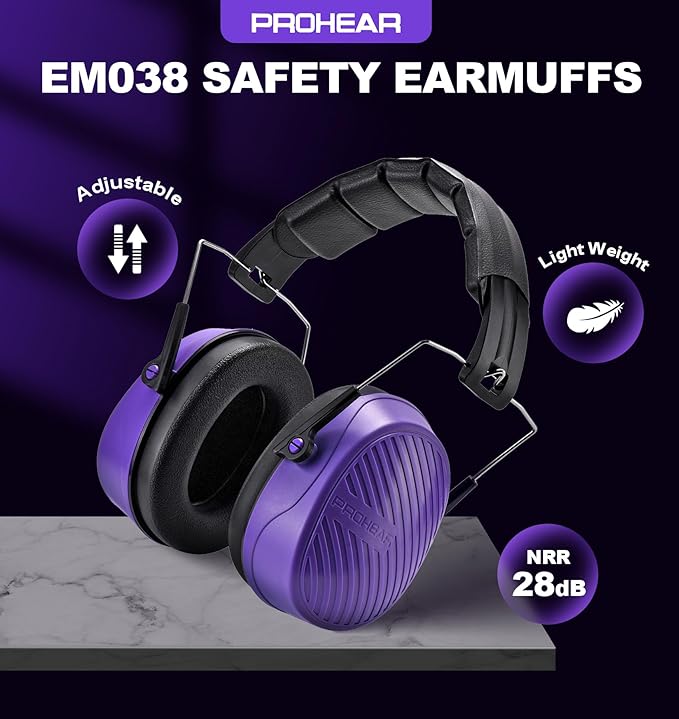 PROHEAR 038 Ear Protection Safety Earmuffs for Mowing, 28dB Noise Reduction Passive Hearing Protector, Compact Foldable Headset for Shooting Construction Power Tools, Purple