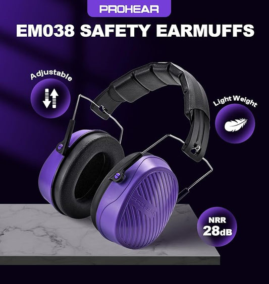 PROHEAR 038 Ear Protection Safety Earmuffs for Mowing, 28dB Noise Reduction Passive Hearing Protector, Compact Foldable Headset for Shooting Construction Power Tools, Purple