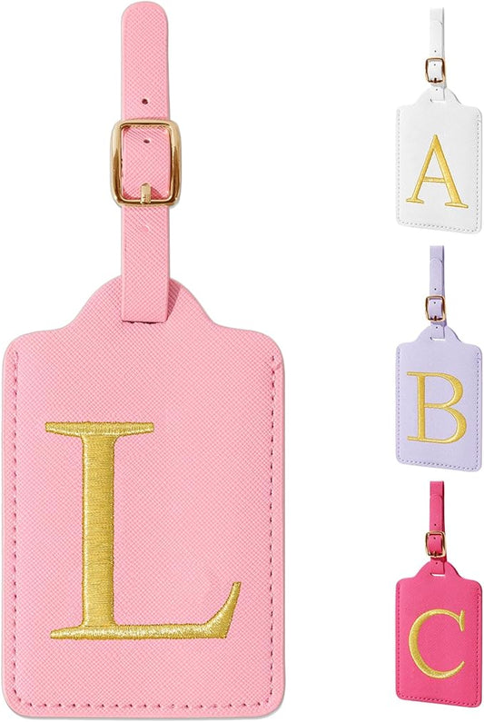 Personalized Initial Luggage Tags for Suitcase, Pink Leather Cute Luggage Tags with Privacy Cover Name Card, Embroidered Custom Monogrammed Luggage Tag Travel Bag Baggage Tags Gifts for Women Kids(L)
