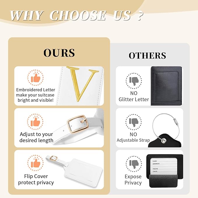 Personalized Initial Luggage Tags for Suitcase TSA Approved, White Leather Cute Luggage Tag with Privacy Cover Name Card, Embroidered Custom Luggage Tags Travel Baggage Tags Gifts for Women Kids(V)