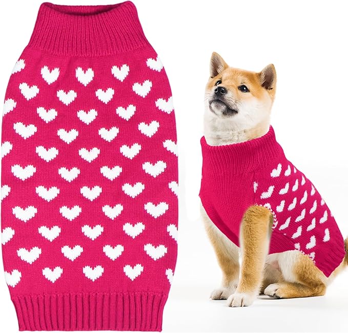 GOYOSWA Valentines Dog Sweater, Dog Valentines Clothes Outfit Knitted Sweaters for Small Medium Large Dogs Pets (Rose Red Heart, X-Large)