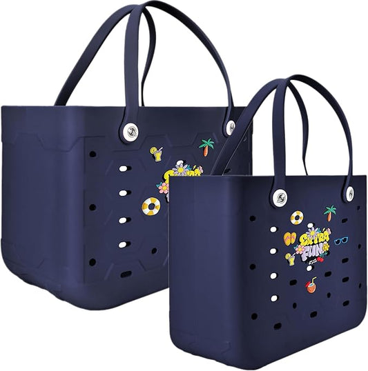 2-Piece Tote Bag Set, Waterproof Rubber Beach Bag with Summer Pattern, Medium & Large Handbag for Pool, Beach, Boat