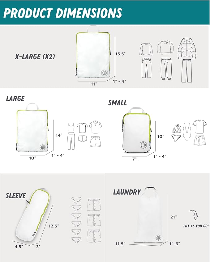 Large Compression Packing Cubes for Travel-Packing Cube Luggage Organizers 7 Piece Set for Checked Luggage-Ultralight, Expandable/Compression Bags by TRIPPED Travel Gear (White/Green)