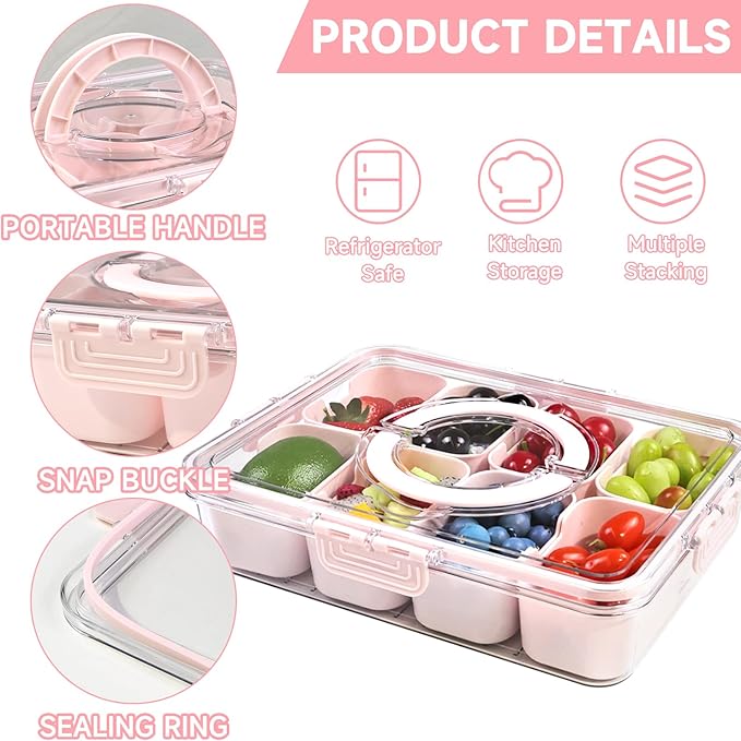 Yuroochii Snackle Box Container, Portable Snackle Box 8 Compartment Divided Serving Tray with Lid & Handle, Clear Snack Platter for Travel Candy Party Fruit Salad (Pink)