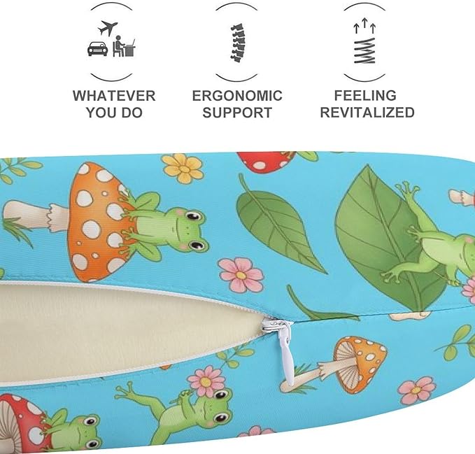 Breathable Memory Foam Neck Pillow, Funny Frog Mushroom Art U-Shaped, Head Support U-Shape Compact for Airplane Train Travel, Machine Washable Cover