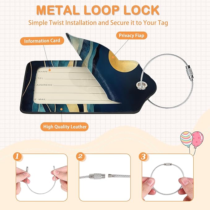 Colorful Abstract Mountain 3 Pack PU Leahter Luggage Tag with Stainless Steel Loop, Bold Golden Sun Crescent Moon Travel Suitcase Labels with Privacy Cover ID Label Quickly Spot for Bags