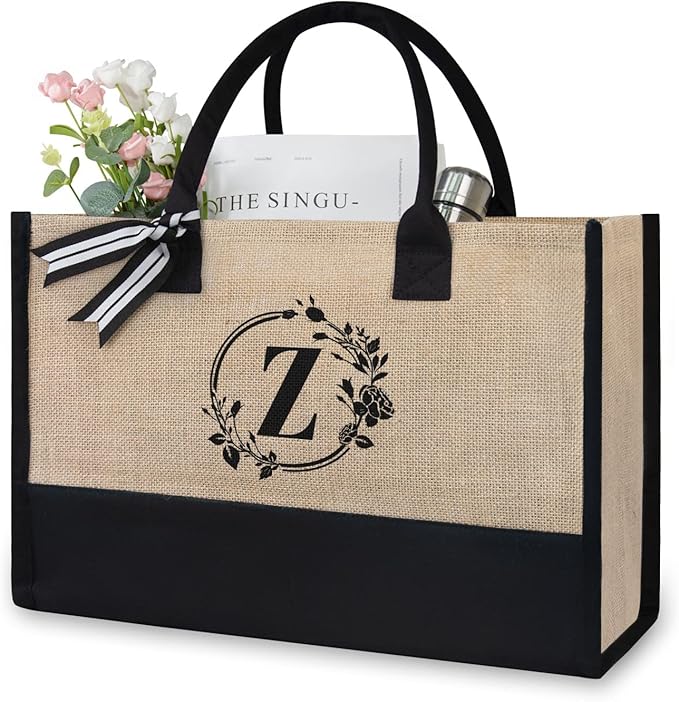 TOPDesign Personalized Initial Canvas Beach Bag, Monogrammed Gift Tote Bag for Women