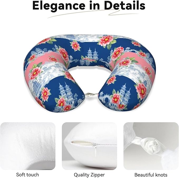Neck Pillow Memory Foam Chin Cushion with Breathable Cover Pink Watercolor Peony Blue Chinoiserie, Cute Airplane Car Pillows for Office Head Pain Relief