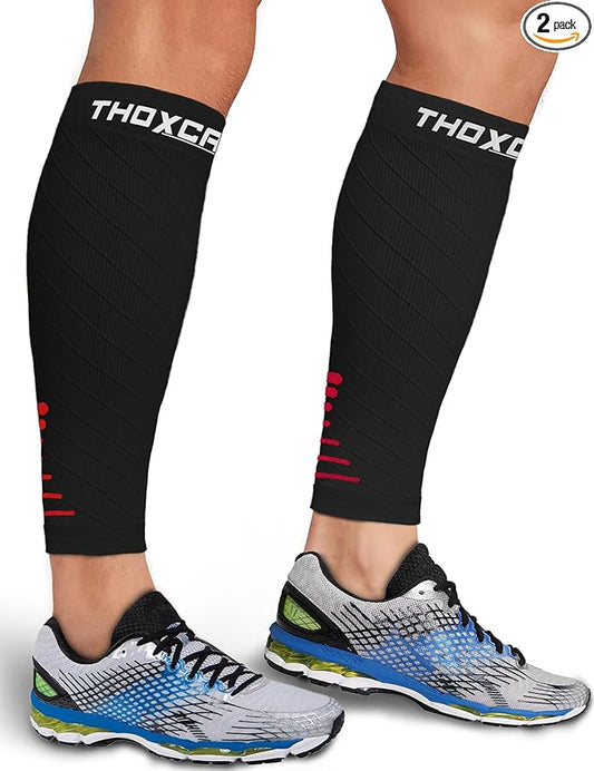 Thoxcare Calf Compression Sleeve for Men Women (2 Pairs), Leg Support Footless Compression Socks for Running - Shin Splint Varicose Veins Swelling & Pain Relief, Black/Red, Small