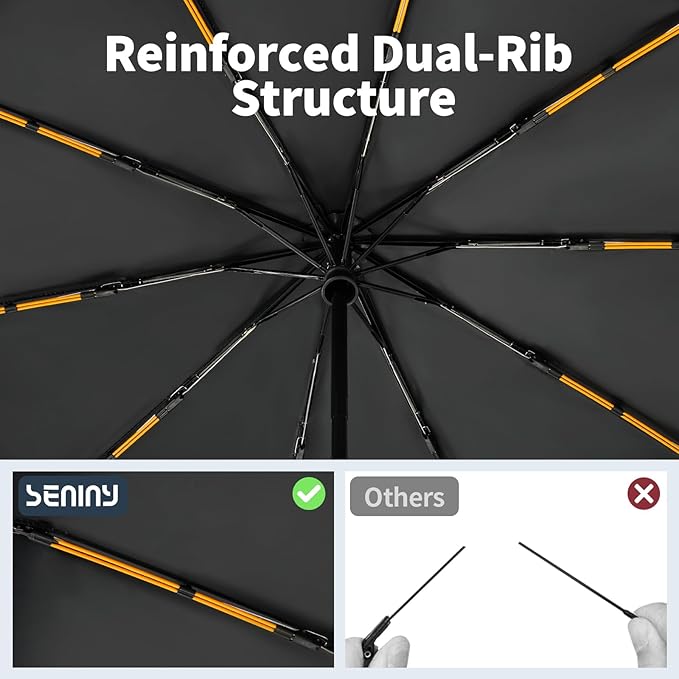 Seniny Travel Umbrella with Carabiner Handle, Windproof Large Umbrellas for Rain with Dual-Rib Structure, Portable Compact Umbrella with Reflective Strip, Car Backpack UV Umbrellas for Sun Protection