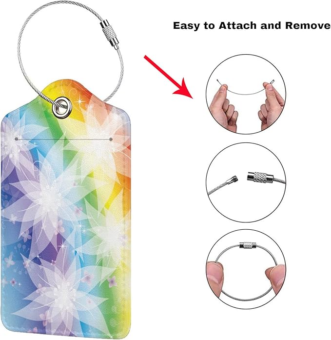 2 Pieces Rainbow Luggage Tags for Women Girls, Beautiful Leather Tags for Luggage with White Flower Pattern, Suitcase Tags with Privacy Cover ID Name Labels