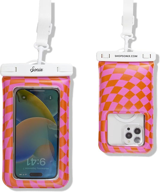 Sonix Waterproof Phone Pouch - Floating Phone Case Dry Bag w/Crossbody Lanyard - Beach Cruise Travel Essentials - Compatible w/All Devices, Touchscreen Friendly | Checkmate Pink/Orange
