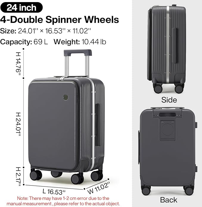 mixi Checked Luggage with Cup Phone Holder and Charger Hard Shell Suitcases with Spinner Wheels, 24 Inch Rock Gray
